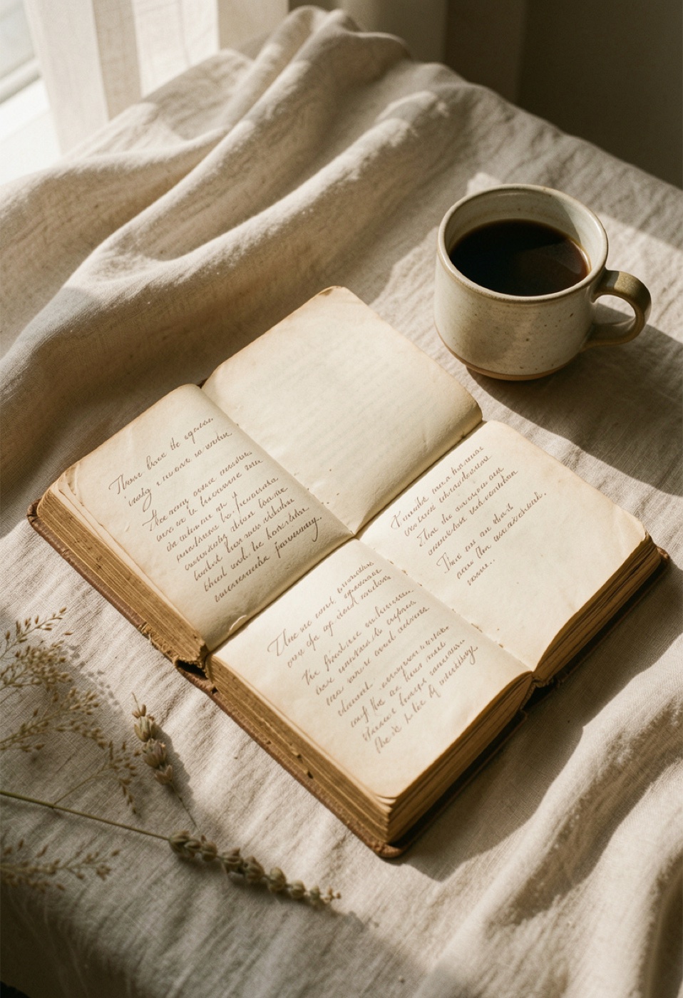Раскрытая книга и чашка на льняной ткани
